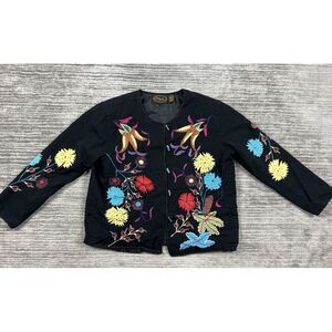 Alex Kim Jacket Womens‎ Large Black Floral Embroidered Cotton Art To Wear